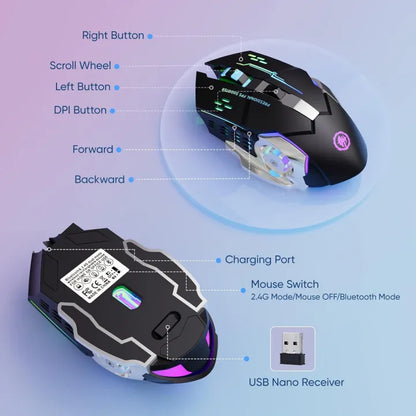 Rechargeable Gaming Mouse 6 Button RGB Lights Mouse Wired And Wireless Rechargeable Gaming Mouse With 7 Breathing RGB